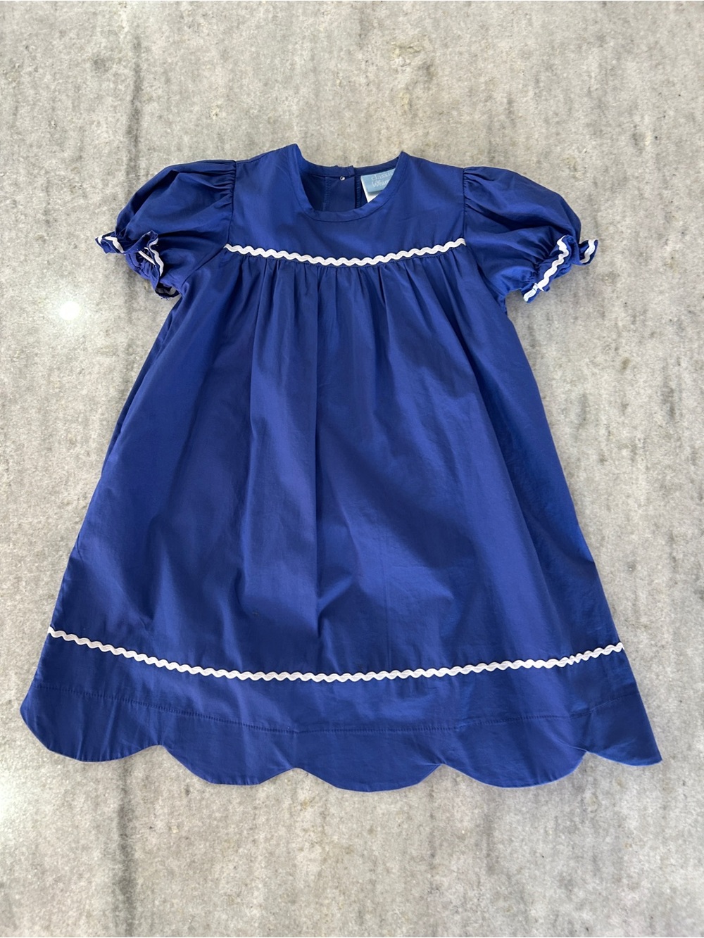 Classic Whimsy Blue Puff-Sleeve Girls’Dress with RicRac Trim Size5
